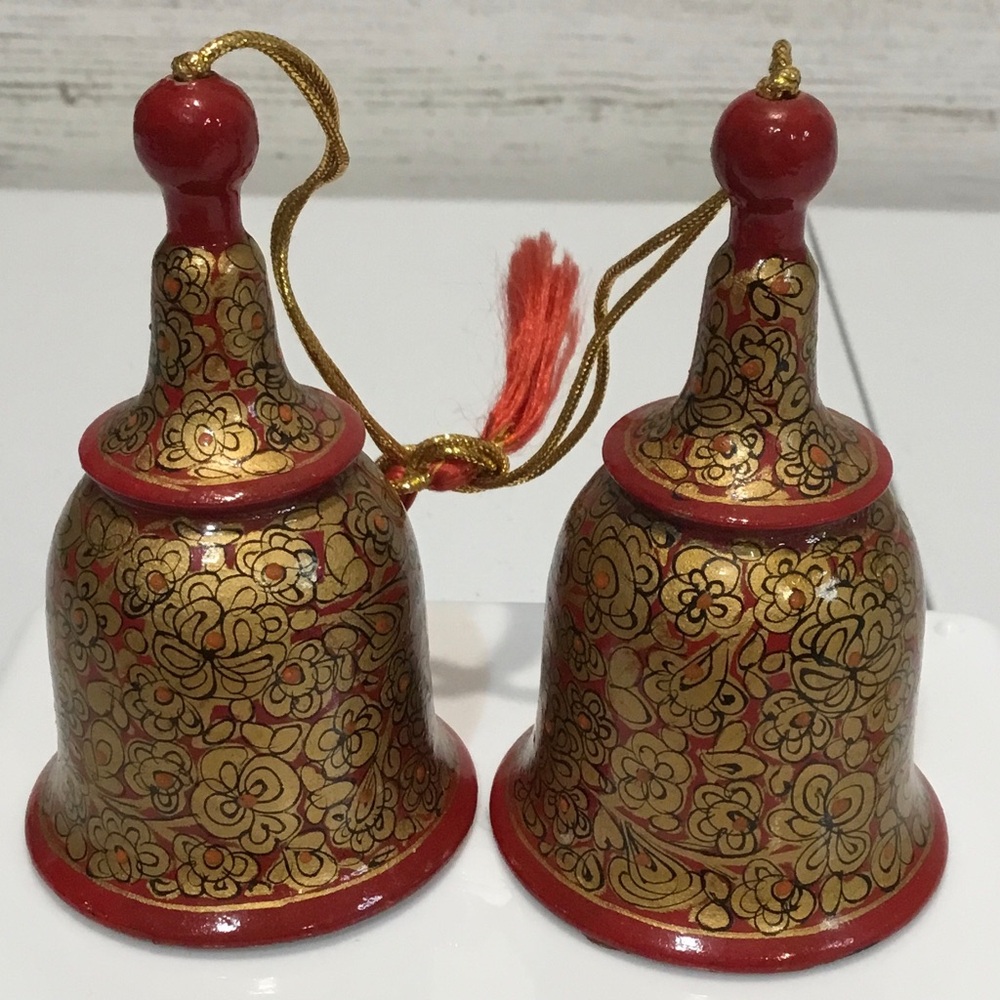 Pair of Vintage Hand painted Paper Mache Christmas Bell Ornaments